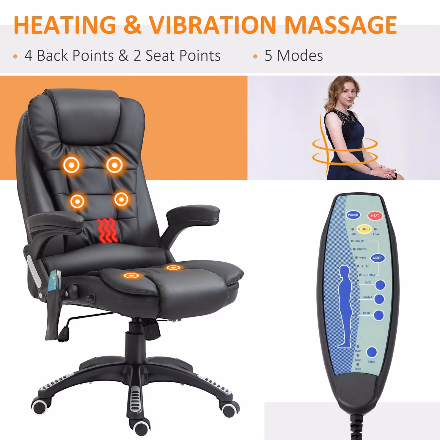 HOMCOM Black Synthetic Leather Executive Office Chair with Heated Vibrating Massage and Reclining Function – 4