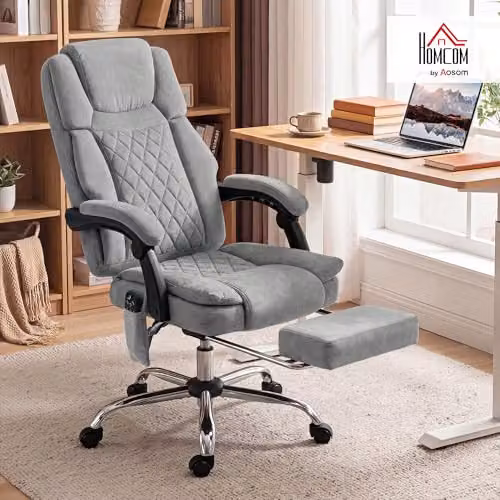 HOMCOM Grey Velvet Executive Office Chair with Vibration Massage, Heated Lumbar and Footrest, H: 120 cm, W: 75.5 cm, D: 65.5 cm – 2