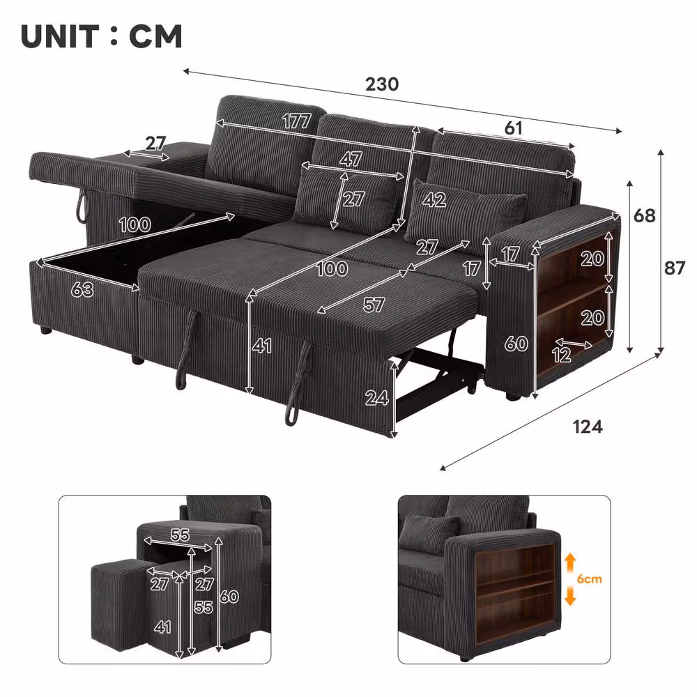 Rolipo Modern L-Shaped Reversible Corduroy Sofa Bed with Storage and USB Charging, Grey – 2