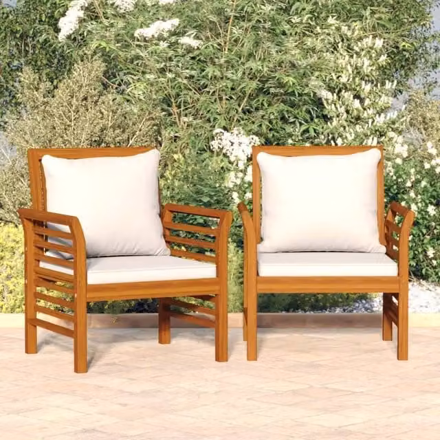 Berkfield Home Set of 2 Acacia Wood Garden Sofa Chairs in Brown with Cream White Cushions – 1