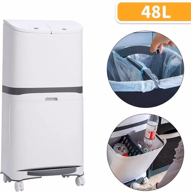 Kelvenix 48L 3-Compartment Pedal Recycling Bin in White – 1