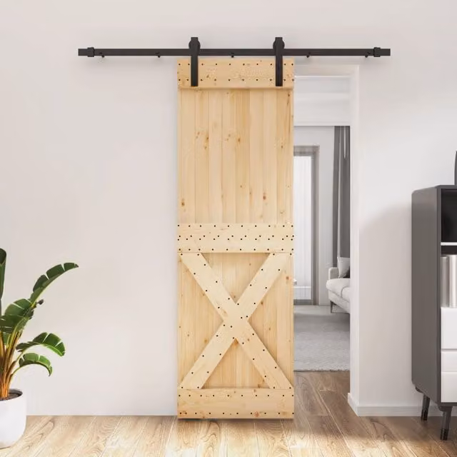 Berkfield Home Modern Sliding Door with Hardware Set, Solid Wood and Steel, Brown, W: 70 cm, H: 210 cm