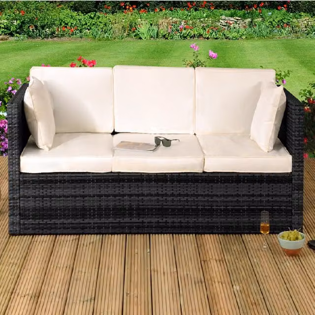 Comfy Living Rattan Sun Lounger Storage Sofa in Black and Cream with Weatherproof Fabric Cushions