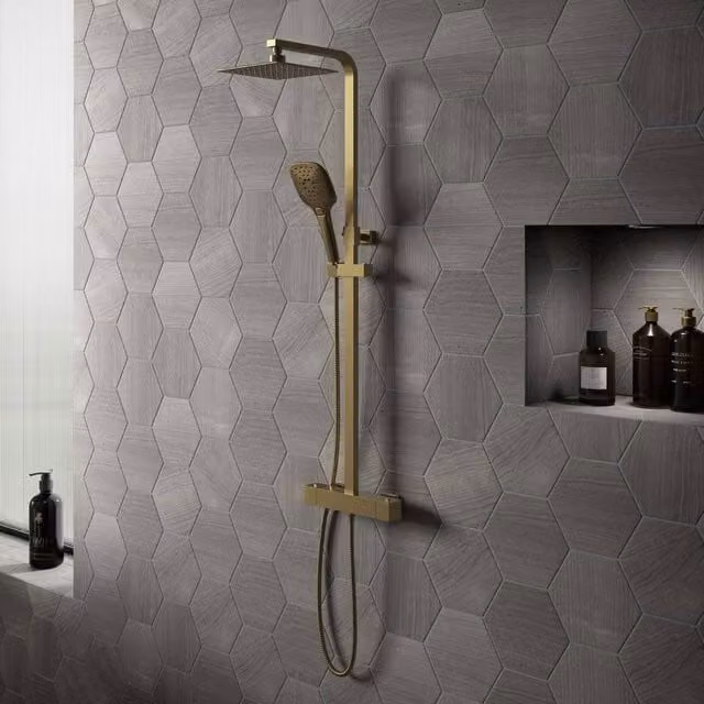 Bathroom Kingdom Menai Premium Brushed Brass Square Thermostatic Shower Set in Gold