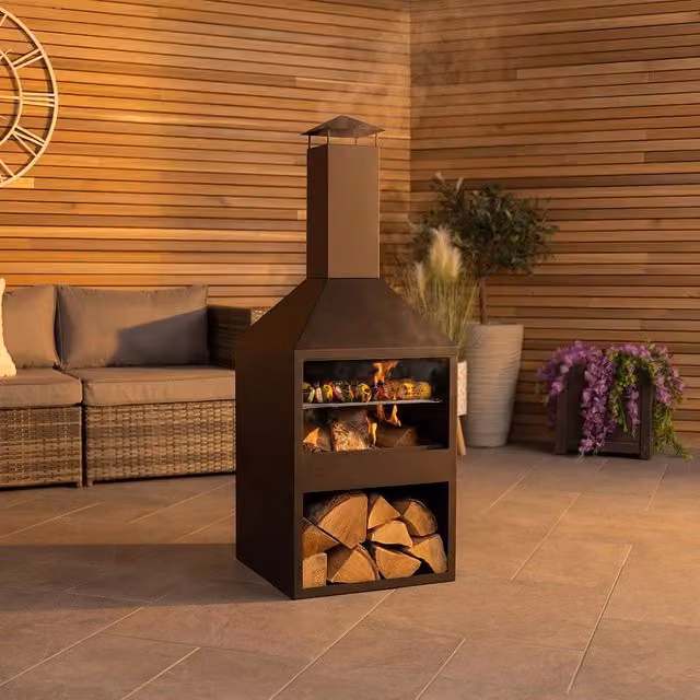 Charles Bentley Black Powder Coated Steel and Iron BBQ and Chiminea, H 118 x W 44 x D 44 cm