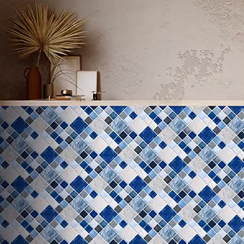 WALPLUS 24-Piece Blue and Grey Stone Selection Mosaic Wall Tile Sticker Set, W/D/H: 15 x 15 x 15 cm – 4