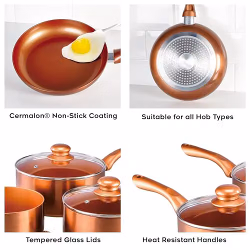 Cermalon 5-Piece Copper Collection Cookware Set with Ceramic Non-Stick Coating in Bronze and Copper, including 2 Frying Pans and 3 Saucepans, Compatible with All Hob Types, PTFE and PFOA Free – 2