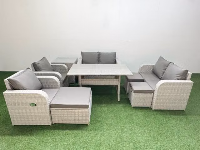 Fimous 9 Seater Rattan Garden Furniture Set with Reclining Love Sofa, Rectangular Dining Table, 3 Stools and Side Table in Light Grey