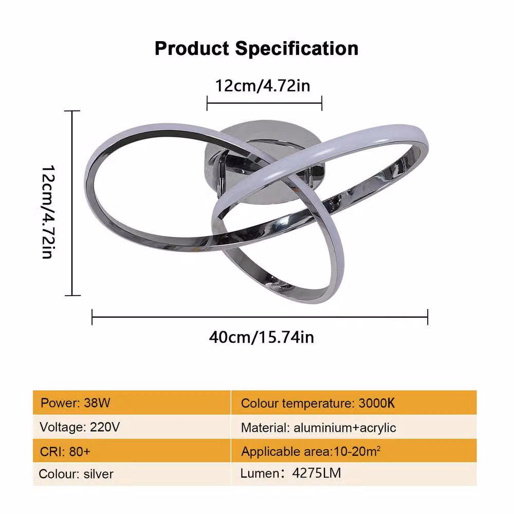 Pheashine Chrome Twisted Loop LED Ceiling Light, 38W, 3000K Warm White, Diameter: 40 cm, Silver – 2