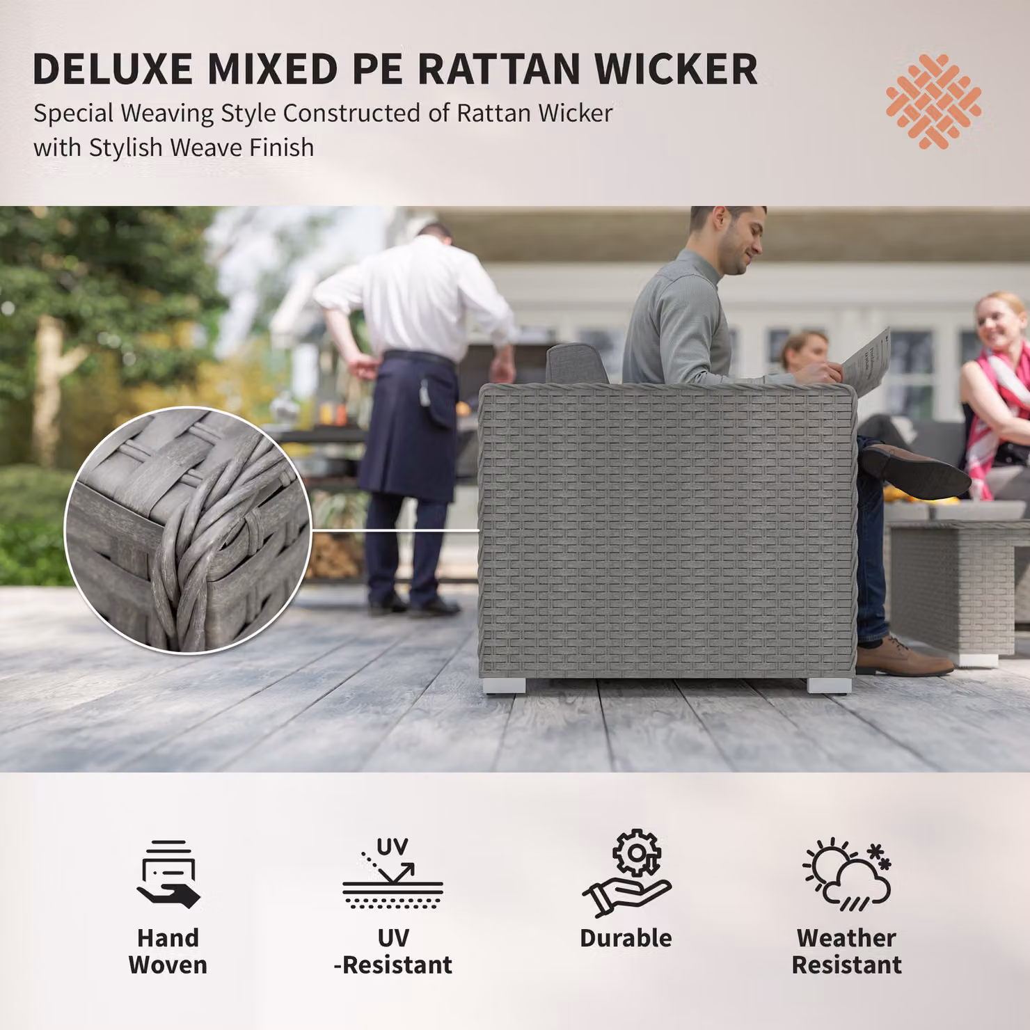 Outsunny 8-Seater Grey PE Rattan L-Shape Garden Corner Sofa Set with Coffee Table and Matching Ottoman – 4