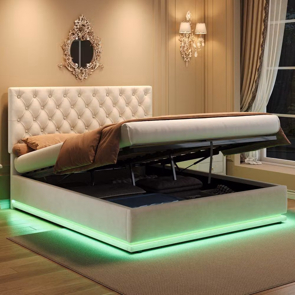 Rolipo Double Ottoman Bed with Hydraulic Storage, Velvet Upholstered Frame and LED Under-bed Lighting, Beige, W: 140 cm, L: 200 cm – 2