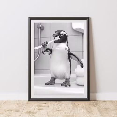60 Second Makeover Penguin Brushing Teeth Animal Print Paper Poster, A4