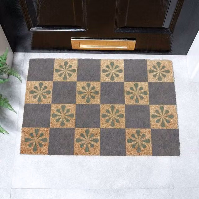 Artsy Mats Blue Check and Petals Coir Doormat in Brown, W/D: 60 x 40 cm – 1