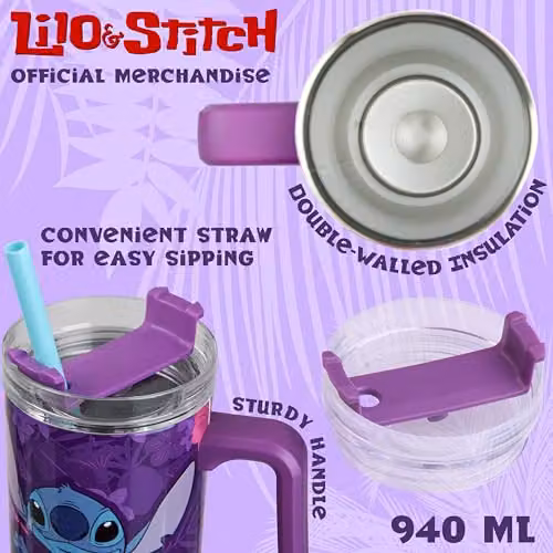 Disney Stitch Insulated Tumbler Travel Mug in Purple, 940ml Stainless Steel Water Bottle with Straw and Handle – 5