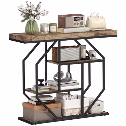 HOMCOM Industrial 4-Tier Console Table in Brown with Metal Frame, W/D/H: 100 x 30 x 80 cm