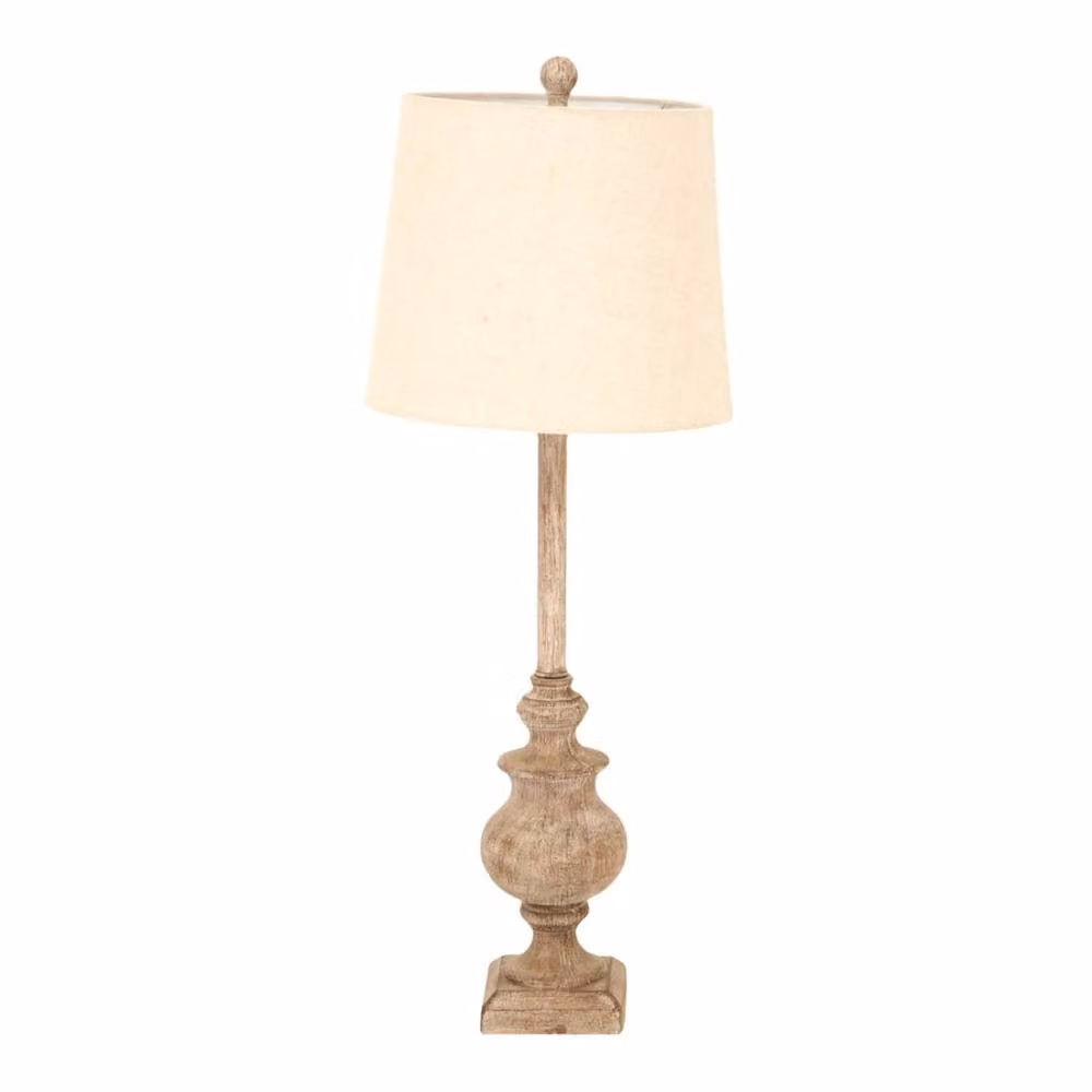 Wyld Haus Thornvale Candlestick Table Lamp with Brown Resin Base and Beige Linen Shade – 2
