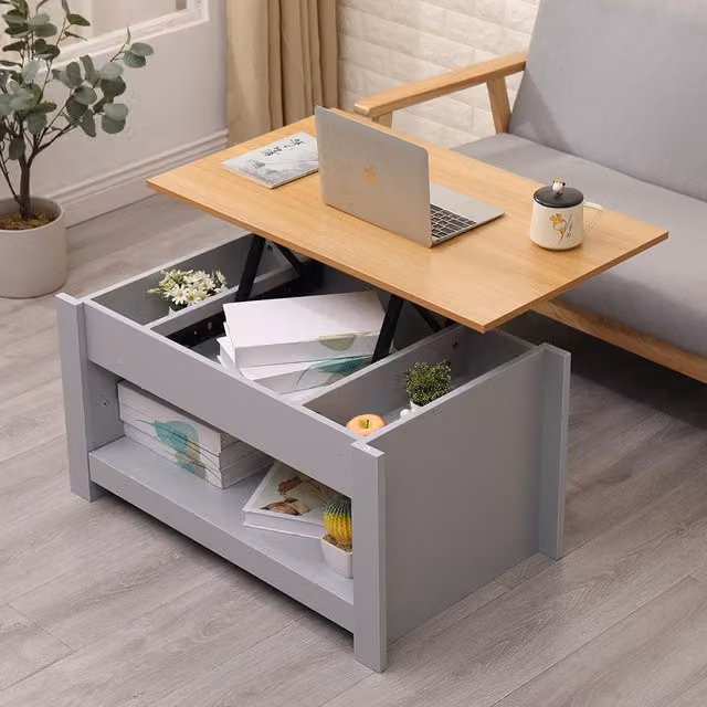 HMD Grey Modern Living Room Coffee Table with Lift Up Top and Storage Shelf