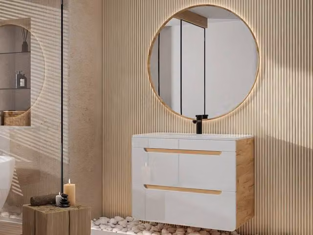 Vente-unique Suspended Bathroom Furniture with Built-in Ceramic Basin in White and Light Oak, W/D/H: 80 x 46 x 59 cm – 1