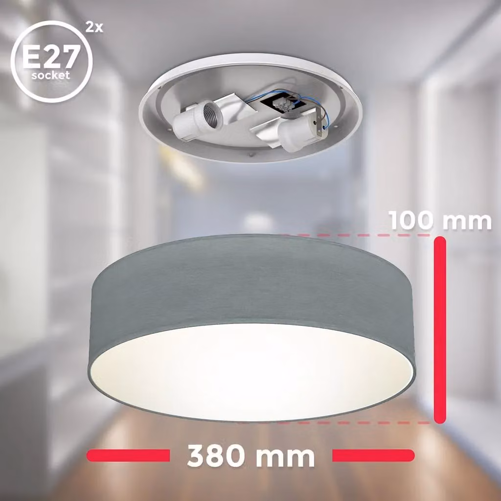 B.K. Licht Grey Modern Round Fabric Ceiling Light with 2 x E27 Sockets – 4