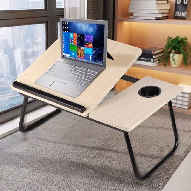 Living and Home Adjustable Folding Laptop Bed Table with Cup Slot and Stop Bar in Beige