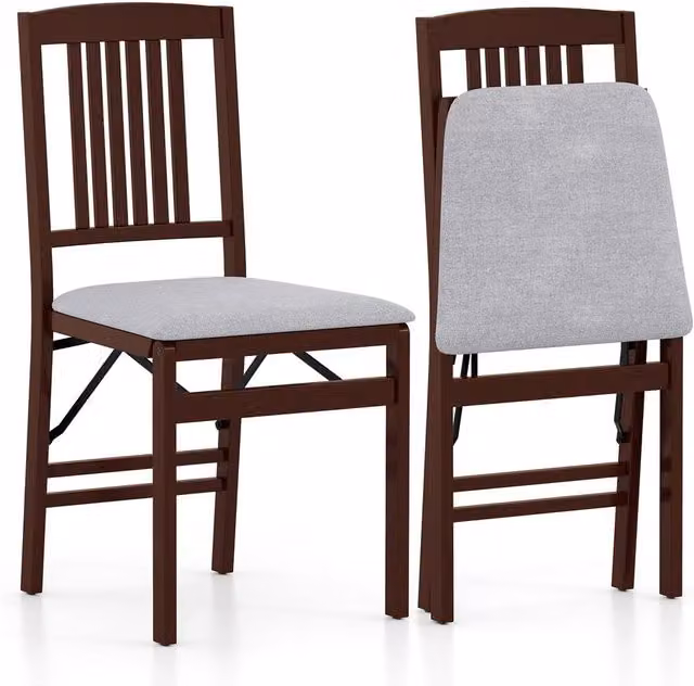Costway Set of 2 Grey Upholstered Folding Dining Chairs with Vintage Rubberwood Finish
