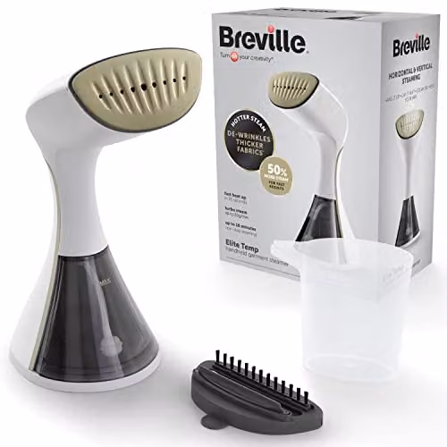 Breville EliteTEMP Handheld Vertical Garment Steamer, 1500W, White and Gold – 1