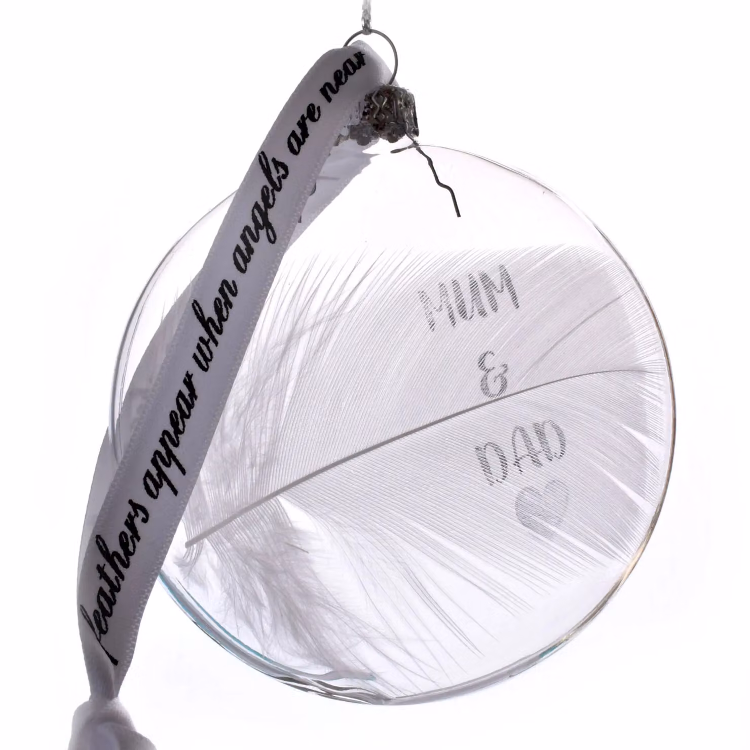 Amaya Rose Ltd In Memory of Mum & Dad Round Glass Bauble with Feather Detail in Clear and White – 2