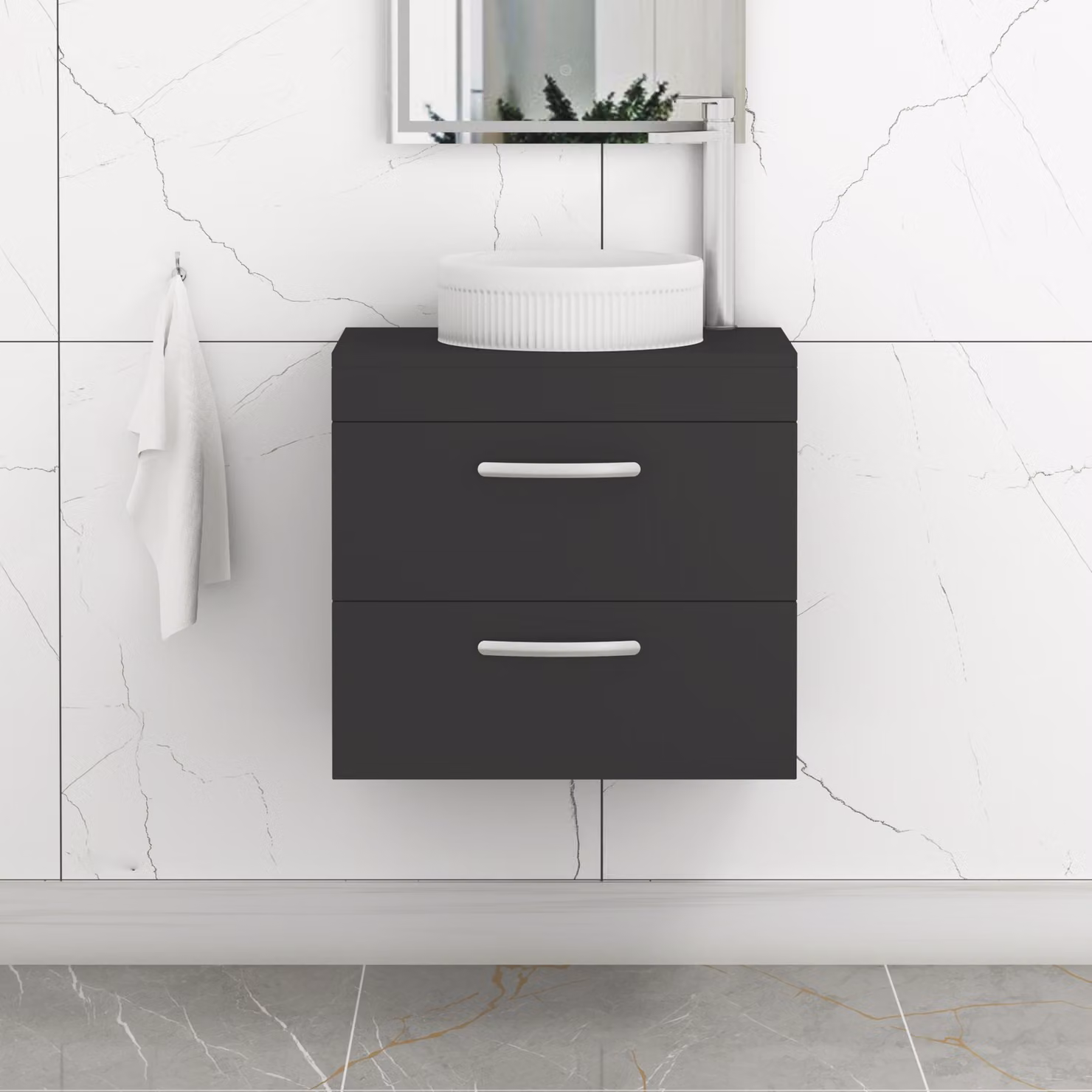 Royal Bathrooms Turin 800mm Wall Hung Vanity Unit with 2 Drawers and Round Countertop Basin in Matt Black with Brushed Brass Handle