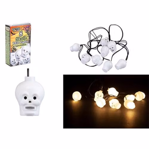 Pack of 8 White Skull Design Warm White LED Lights for Halloween and Parties