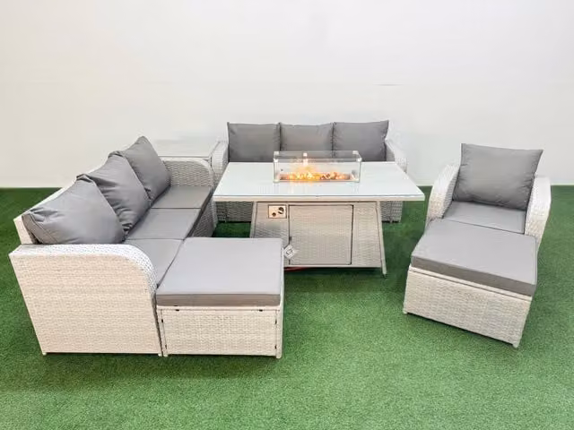 Fimous 9 Seater Poly Rattan Outdoor Garden Furniture Set in Grey with Firepit Dining Table, 3 Seater Sofa, Reclining Chair and 2 Big Footstools
