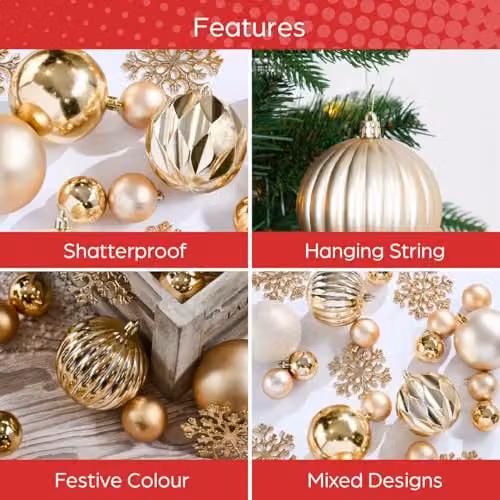 The Christmas Workshop Set of 50 Shatterproof Textured Gold Baubles for Christmas Tree Decoration – 2