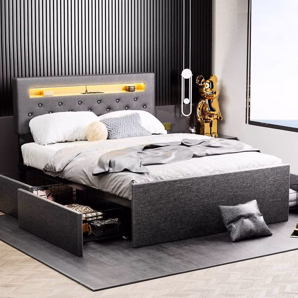 SPETLEK Cot Bed Frame with Upholstered Headboard, LED Under-Bed Lighting, USB Charging Port and Bedside Shelf in Light Grey – 3