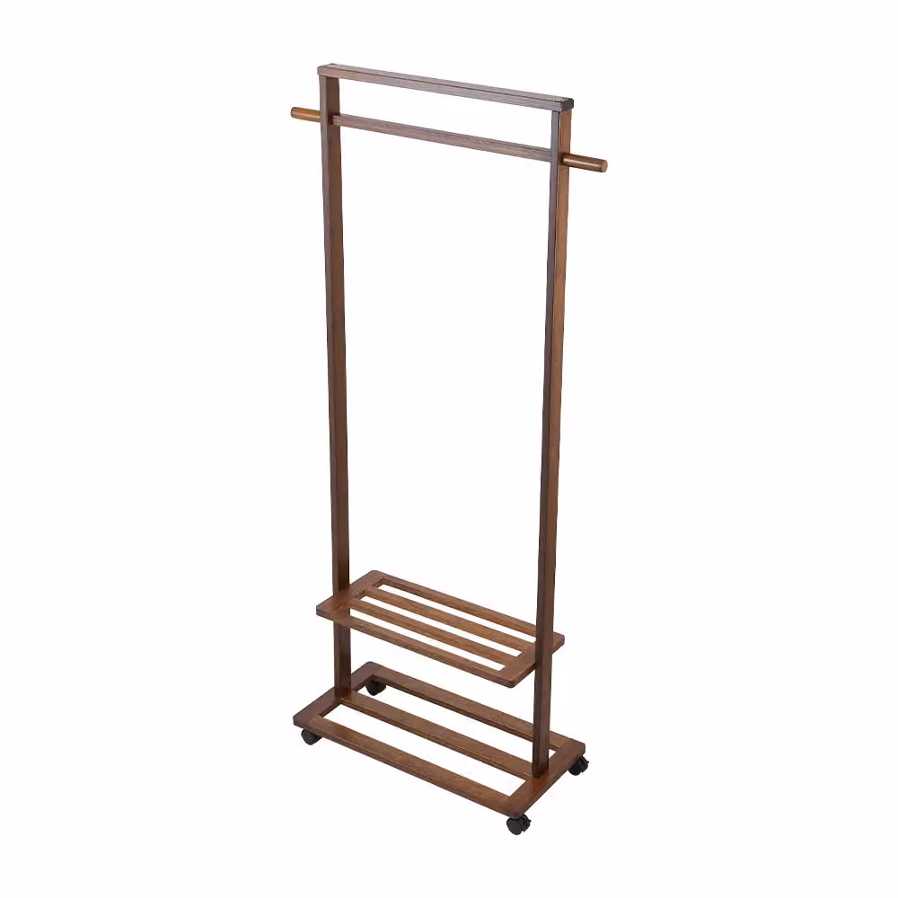 Living and Home Bamboo Rolling Clothes Garment Rack with 2-tier Shelves and Wheels, Brown – 2