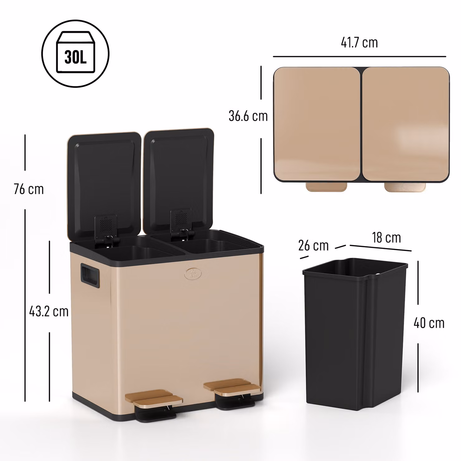 HOMCOM 30L Dual Compartment Stainless Steel Pedal Bin with Deodoriser Holders, Gold Tone – 3