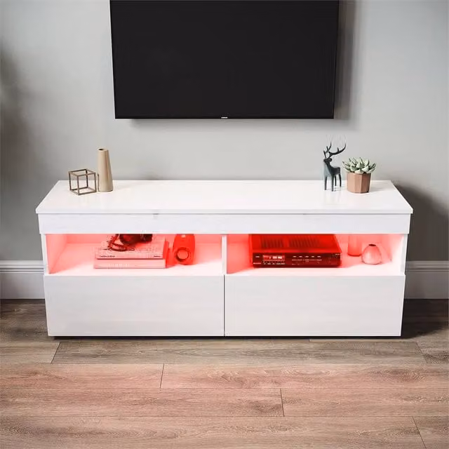 FORGEVIO High Gloss TV Stand Cabinet Unit with LED Lights, White, W/D/H: 120 x 35 x 45 cm