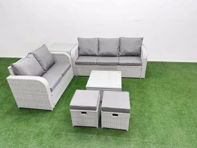 Fimous 7 Seater Grey PE Rattan Wicker Garden Furniture Set with 3 Seater Sofa, Love Seat, 2 Stools, and Square Coffee Table
