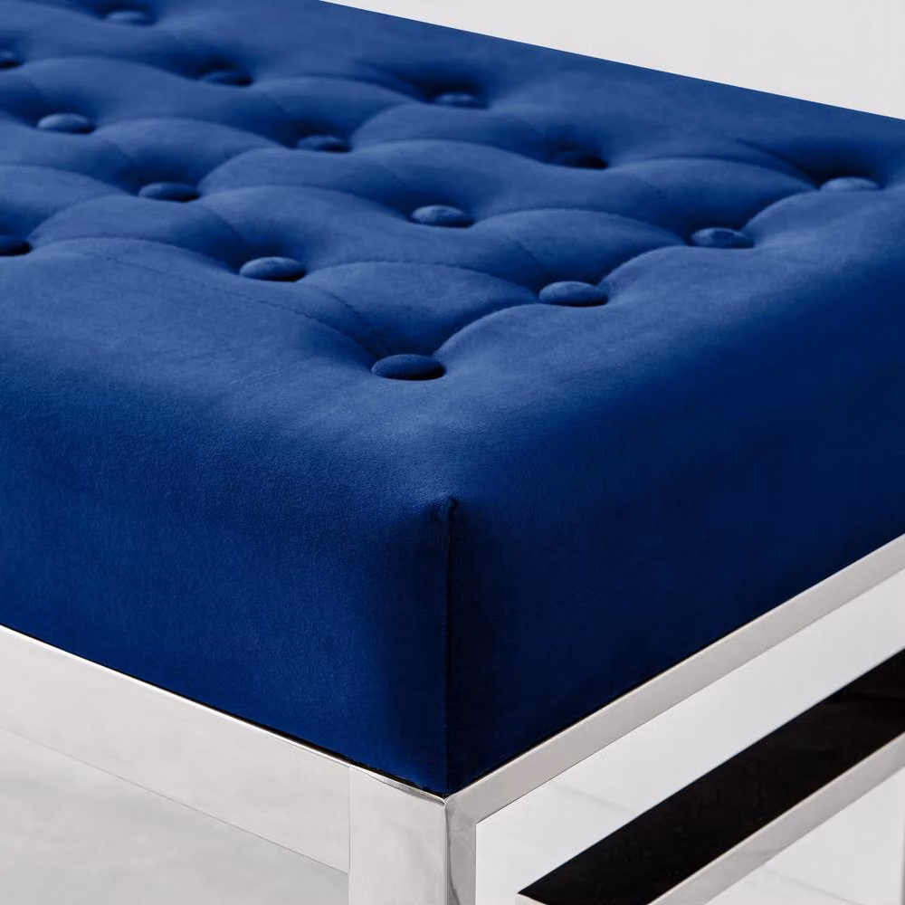FurnitureboxUK Cambridge Modern Navy Blue Velvet and Silver Metal Bench – 3