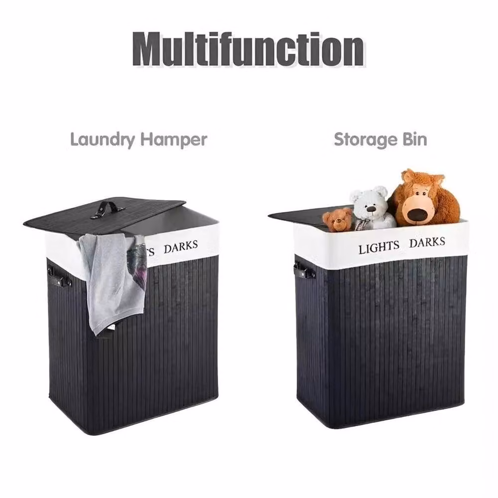 SPETLEK Black Large Bamboo Laundry Hamper Basket with Lid, W: 60 cm, H: 100 cm – 3