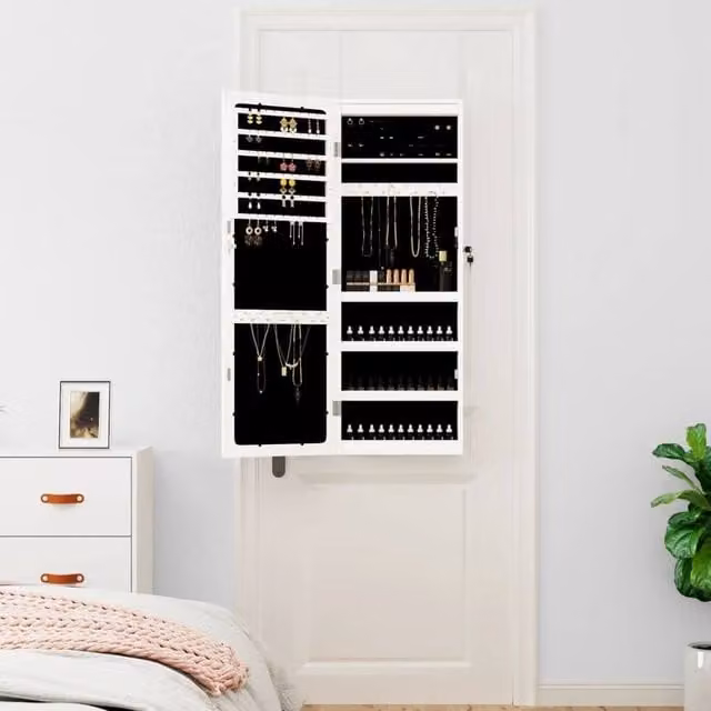Berkfield Home White Glossy Wall Mounted Mirror Jewellery Cabinet with LED Lighting and Lock, H 106.0 x W 37.5 x D 10.0 cm – 1