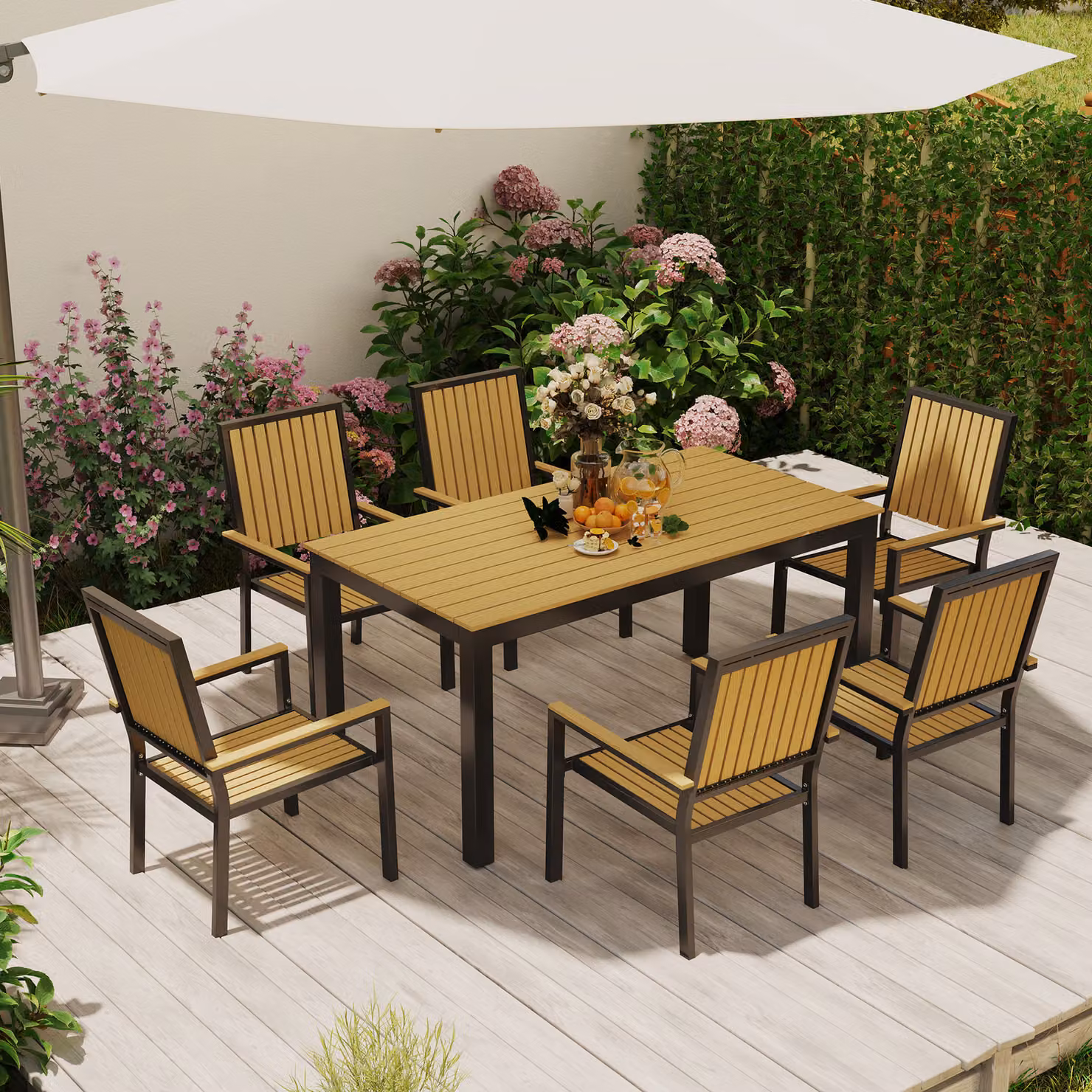Outsunny 6 Seater Garden Dining Set with Rectangular Composite Table and Stackable Powder Coated Aluminium Chairs in Brown – 6