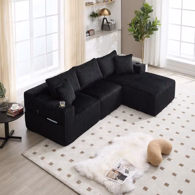 Aosom UK Modular L-Shaped Sectional Sofa in Black Corduroy with Deep Seats and Reversible Design, W/D/H: 160 x 257 x 80 cm