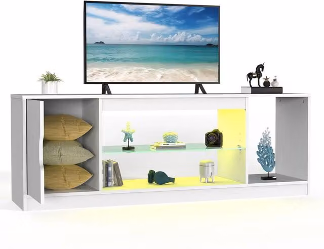 FLAVORA Modern White Glossy LED TV Stand Cabinet Unit with Integrated Lighting W/D/H: 52.5 x 36 x 36 cm – 1