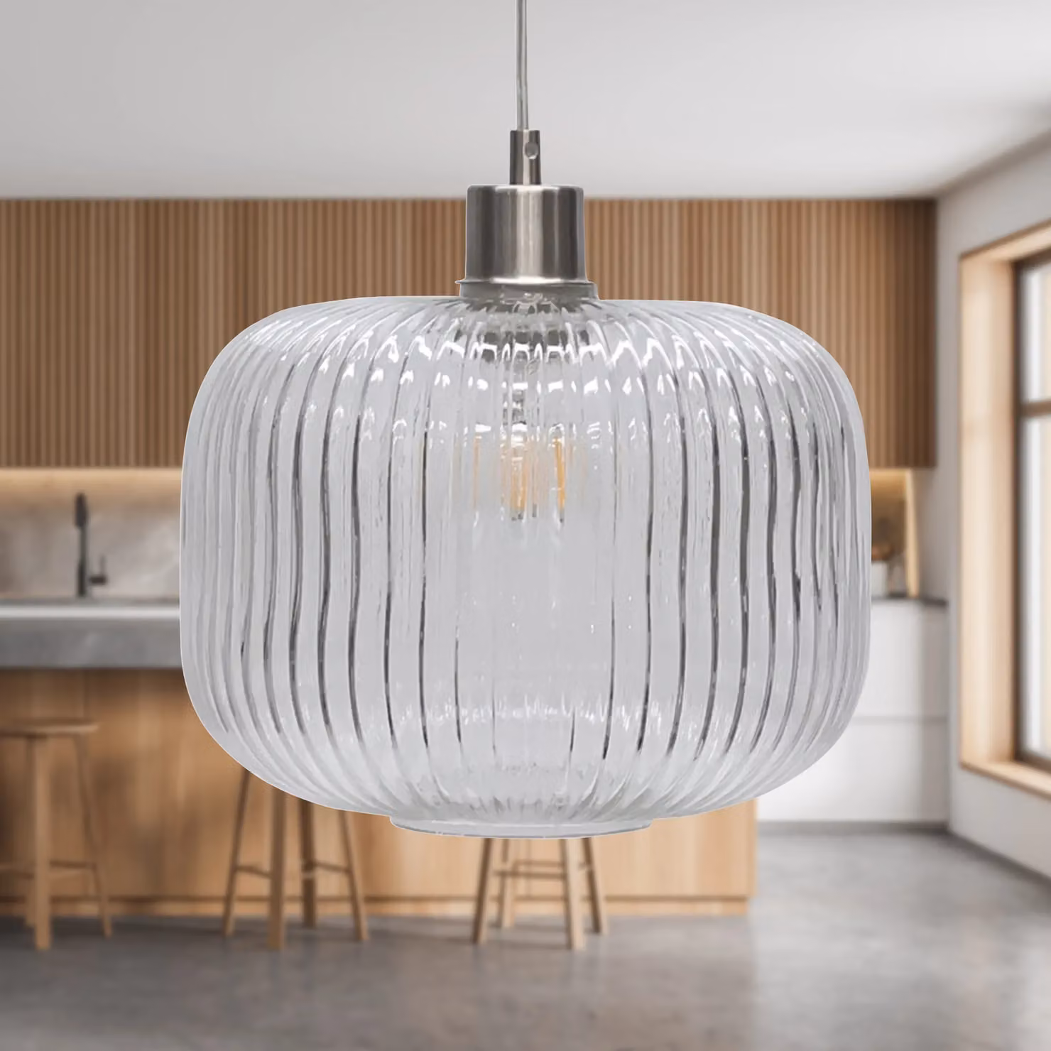 First Choice Lighting Batley Large Set of 2 Pendant Lights with Transparent Ribbed Glass and Silver Satin Nickel Finish – 2