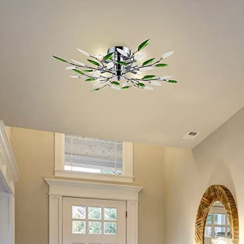 Happy Homewares Modern Chrome Semi Flush Ceiling Light with Green and White Acrylic Leaves, Diameter: 60 cm – 2
