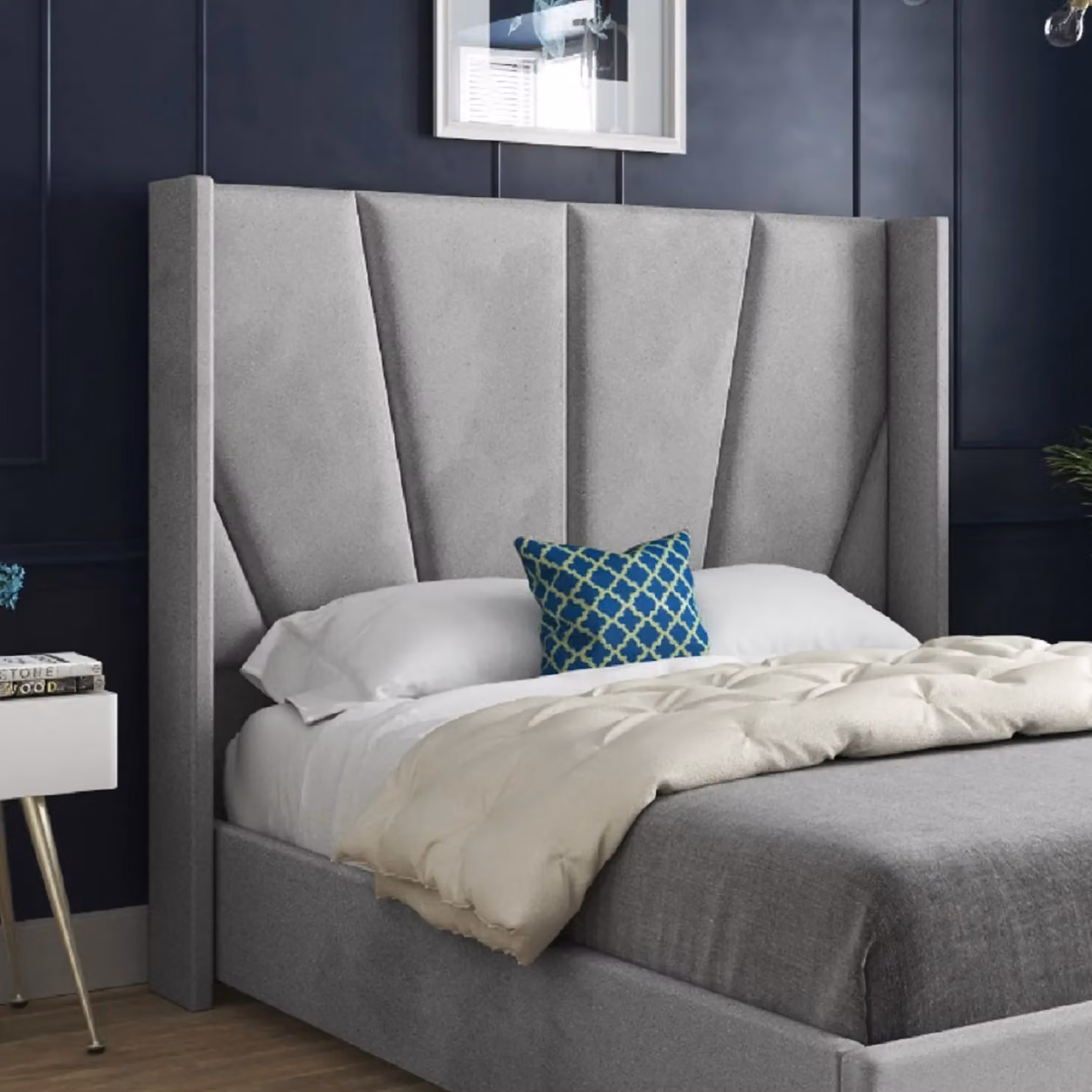 Casani Bellini Single Wide Curved Winged Upholstered Velvet Bed Frame in Grey, W/D/H: 90 x 200 x 137 cm – 2