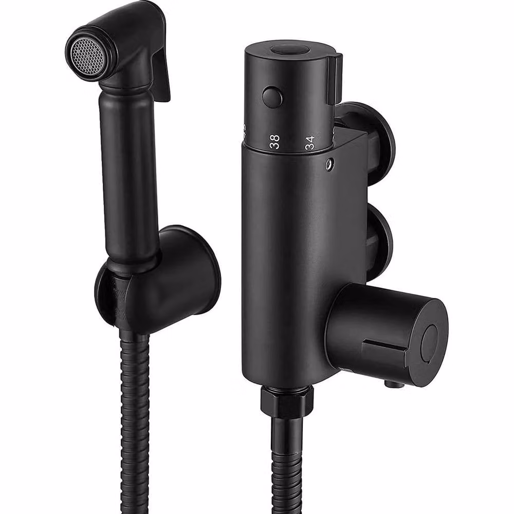 NESTLUNE Black Brass Thermostatic Shower Set with Hand Spray and Flush Mount Design – 3