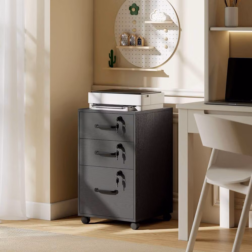 STILVORA Three Drawer Filing Cabinet with Locks and Castors in Black, W/D/H: 40 x 40 x 69.5 cm – 2