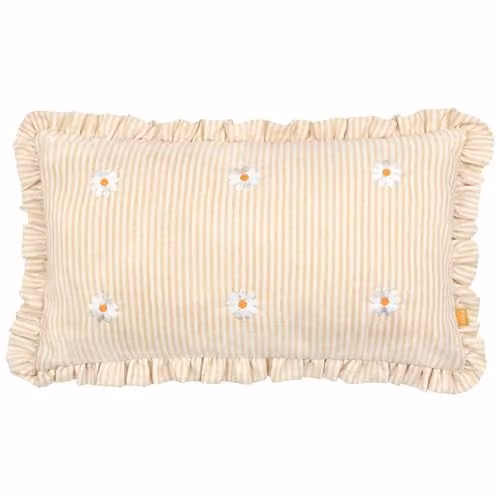 Les Fleurs Embroidered Ruffle Rectangular Cushion in Beige and Multicolour, W: 50 cm, H: 30 cm