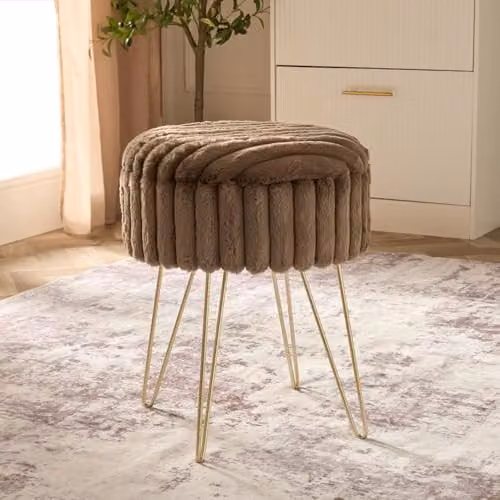 OHS Ribbed Faux Fur Vanity Stool with Gold Metal Legs and Removable Cover, Brown and Gold – 2