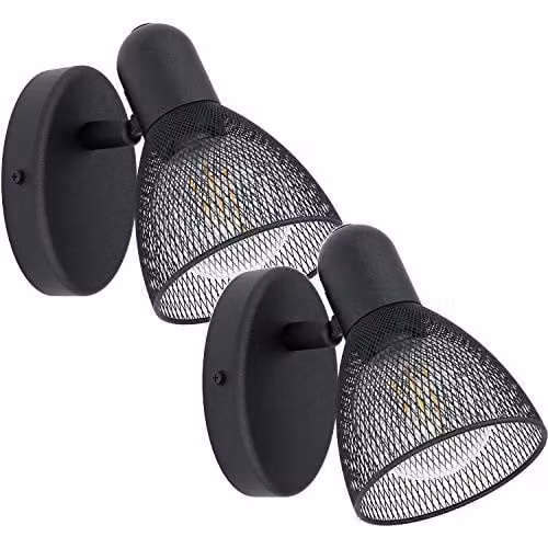 Loops 2 Pack Black Metal Wall Spot Lights with Round Mesh Shade and E14 Base